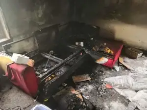 Fire damage in lounge